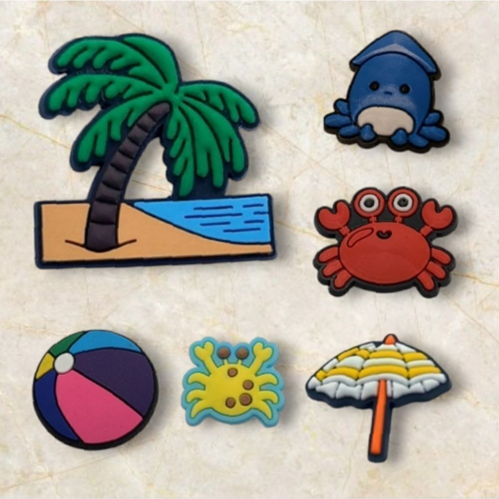 Beach Day Rubber Crocs Shoe Charms 6pc Set Beach Ball Umbrella Crab Palm Variety